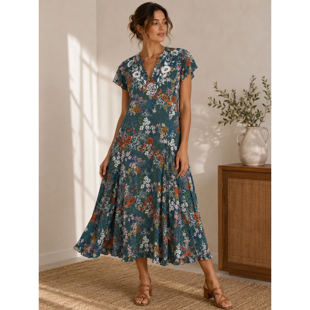 Sky and Sand Floral Midi Dress Green Embroidered Boho Cottagecore Prairie  L